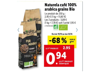 Bénéficiez de 34 % de réduction : 2 paquets de Café en grains Bio Naturela – 2 x 250g