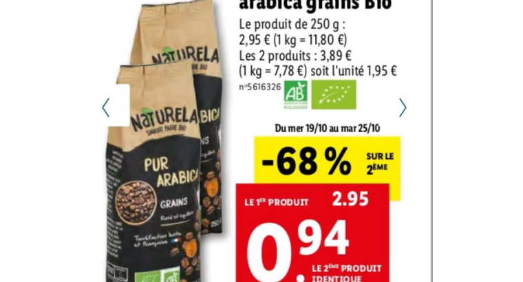 Bénéficiez de 34 % de réduction : 2 paquets de Café en grains Bio Naturela – 2 x 250g