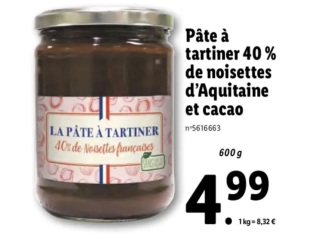 Pâte à tartiner 40 % de noisettes d’Aquitaine et cacao – Lidl