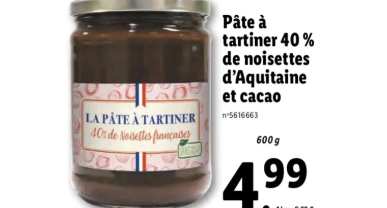 Pâte à tartiner 40 % de noisettes d’Aquitaine et cacao – Lidl