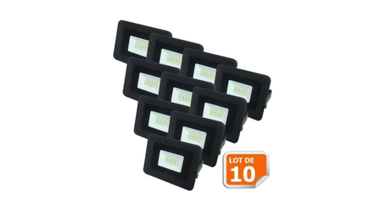 Lot de 10 Projecteur LED – Noir, 10W, Extra Plat