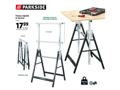 Parkside – Tréteau pliable réglable en hauteur – 7 niveaux