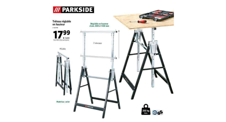 Parkside – Tréteau pliable réglable en hauteur – 7 niveaux