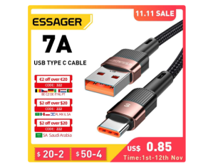 Essager Câble tressé – 3m, USB Type C, 7A, 80W(11V/7.3A) / 100W(20V/5A), 480Mbps, Noir