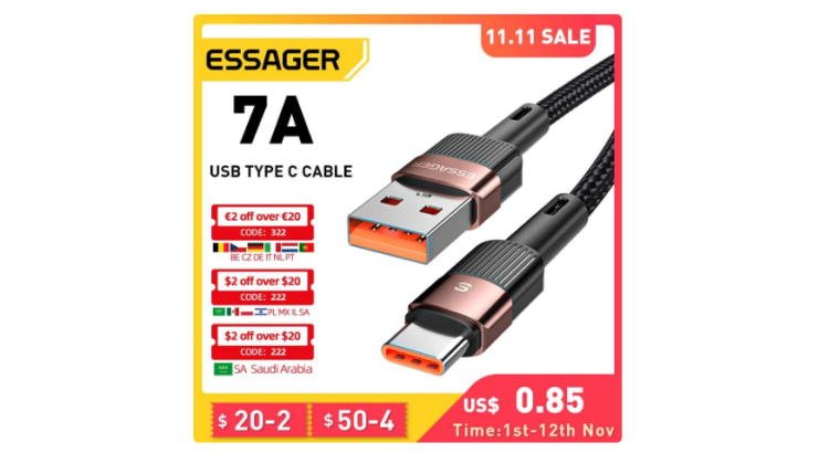 Essager Câble tressé – 3m, USB Type C, 7A, 80W(11V/7.3A) / 100W(20V/5A), 480Mbps, Noir