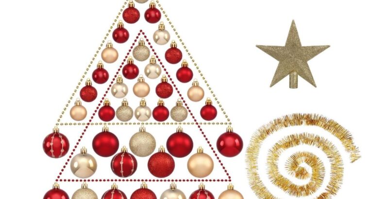 Déco Noël – Kit 44 pièces pour décoration Sapin : Guirlandes, Boules et Cimier – Plastique