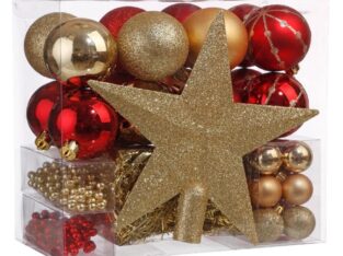 Déco Noël – Kit 44 pièces pour décoration Sapin : Guirlandes, Boules et Cimier – Plastique