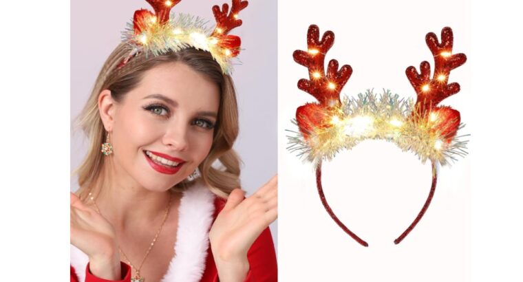 Fashband :Tête de Noël rouge à paillettes avec bois de cerf pour décoration de robe de costume et photos