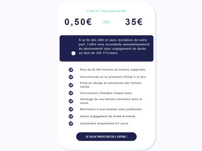 Essayez le convertisseur pour 0,5€ pendant 48h puis 35€ par mois ensuite !