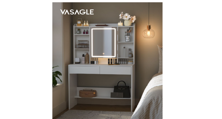 VASAGLE Coiffeuse avec miroir LED moderne – blanc