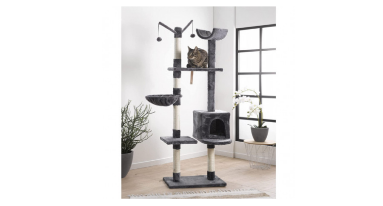 Arbre à chat avec 4 plateformes et jouets – Gris – H 160 cm