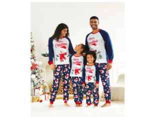 Pyjama de Noël familial bleu foncé – Imprimé bonhomme de neige et lettres rouges